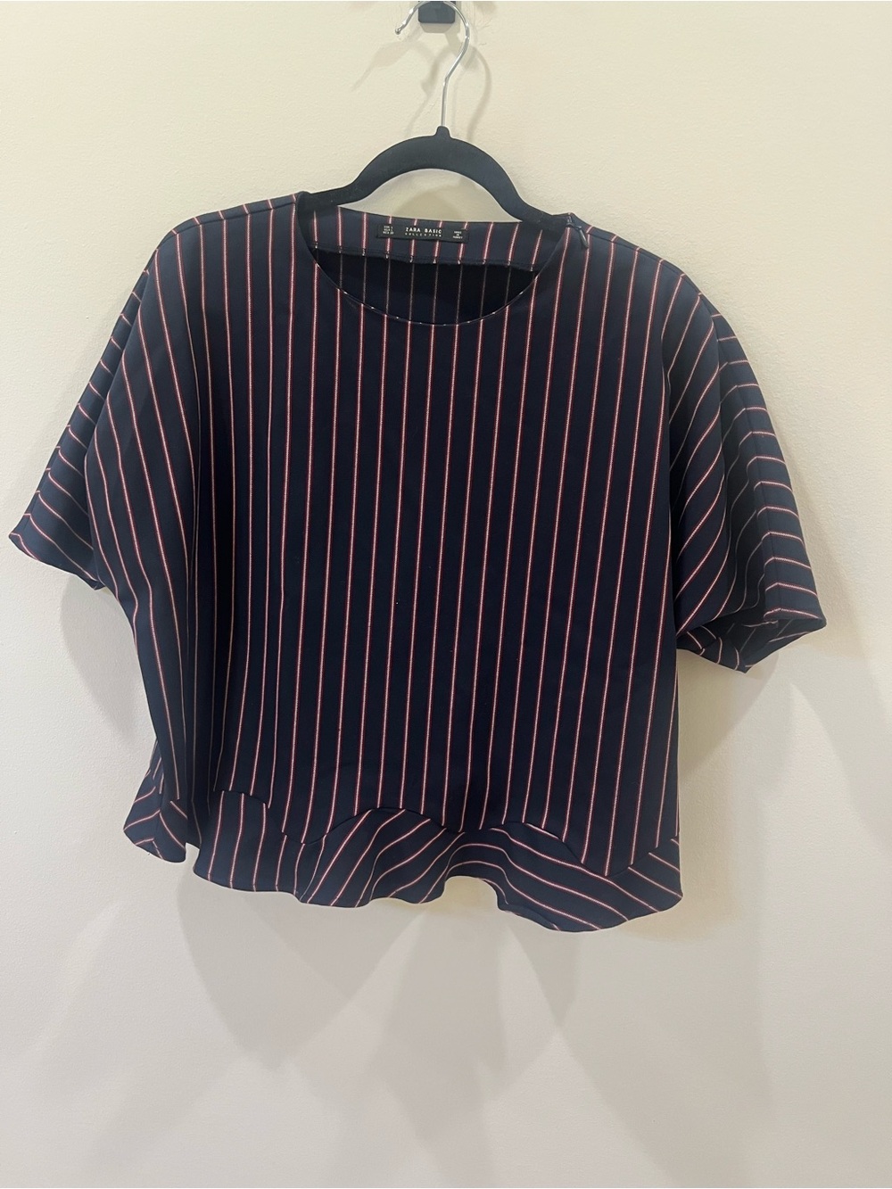 Zara Navy Short Sleeve Top with red/grey Pinstripes